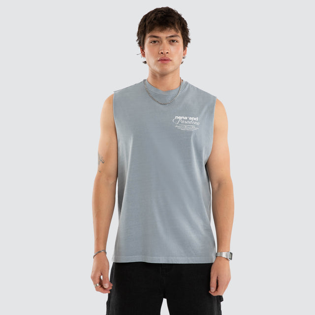 Model wears Finlo Relaxed Muscle Pigment Tradewinds Muscle Tees in Grey - Image 1