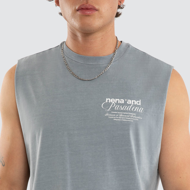 Model wears Finlo Relaxed Muscle Pigment Tradewinds Muscle Tees in Grey - Image 3