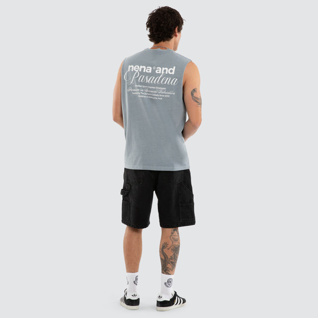 Model wears Finlo Relaxed Muscle Pigment Tradewinds Muscle Tees in Grey - Image 5