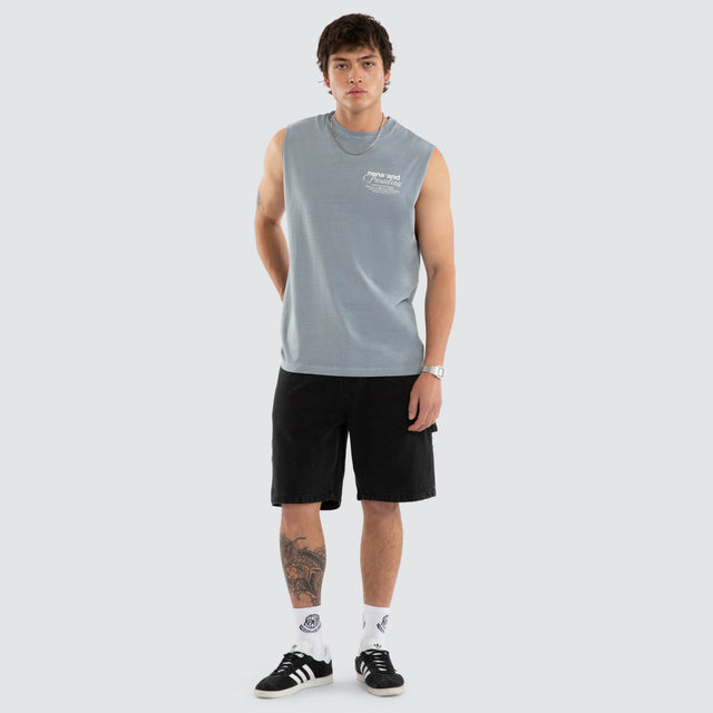 Model wears Finlo Relaxed Muscle Pigment Tradewinds Muscle Tees in Grey - Image 4