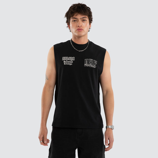 Model wears Gravemind Box Fit Muscle Tee Black Muscle Tees in Black - Image 2