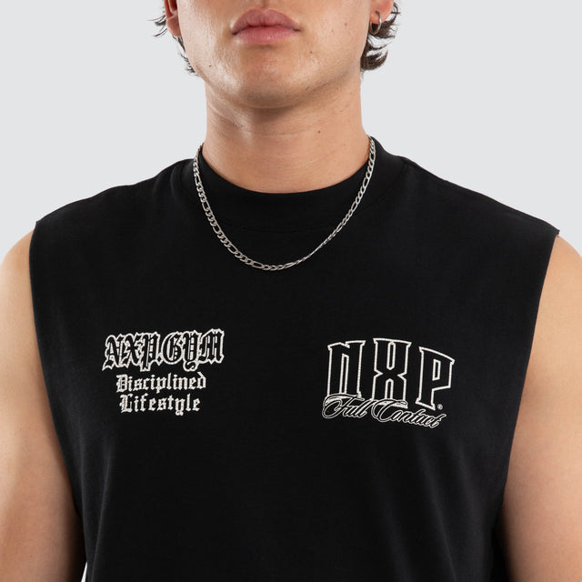 Model wears Gravemind Box Fit Muscle Tee Black Muscle Tees in Black - Image 3