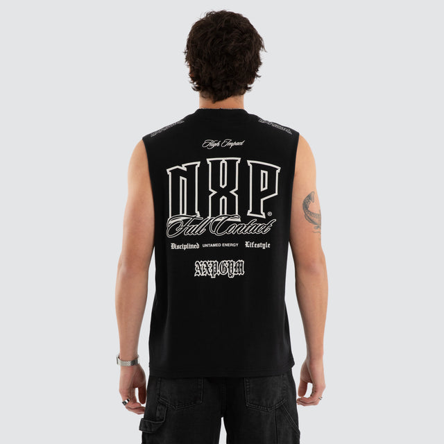 Model wears Gravemind Box Fit Muscle Tee Black Muscle Tees in Black - Image 1