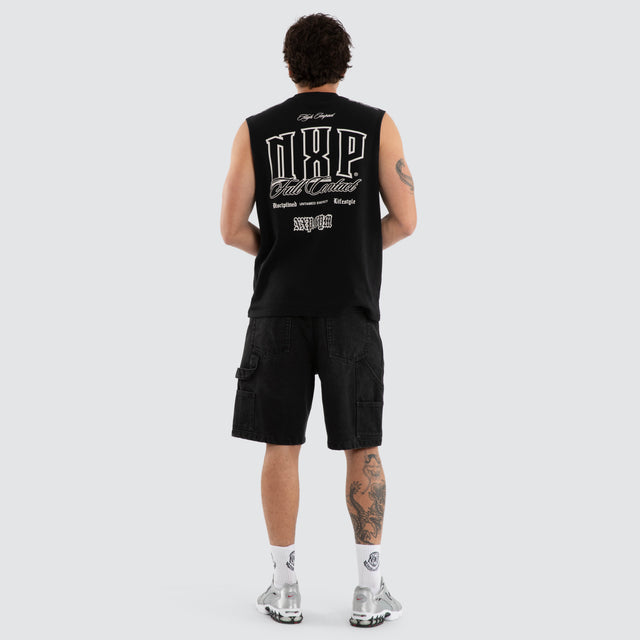 Model wears Gravemind Box Fit Muscle Tee Black Muscle Tees in Black - Image 4