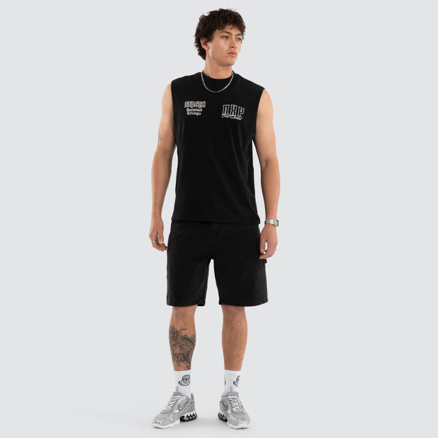 Model wears Gravemind Box Fit Muscle Tee Black Muscle Tees in Black - Image 5