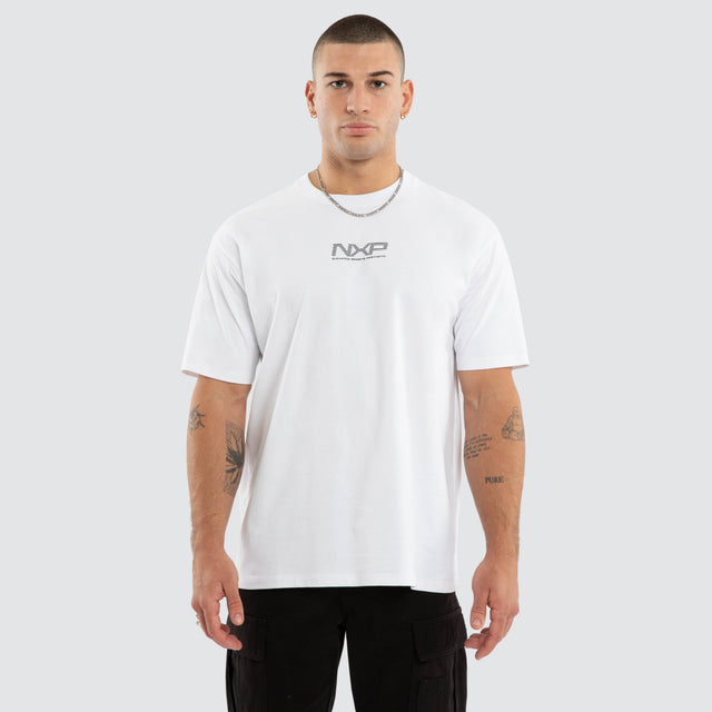 Model wears Nighthold Box Fit Tee Optical White T-Shirts in White - Image 1