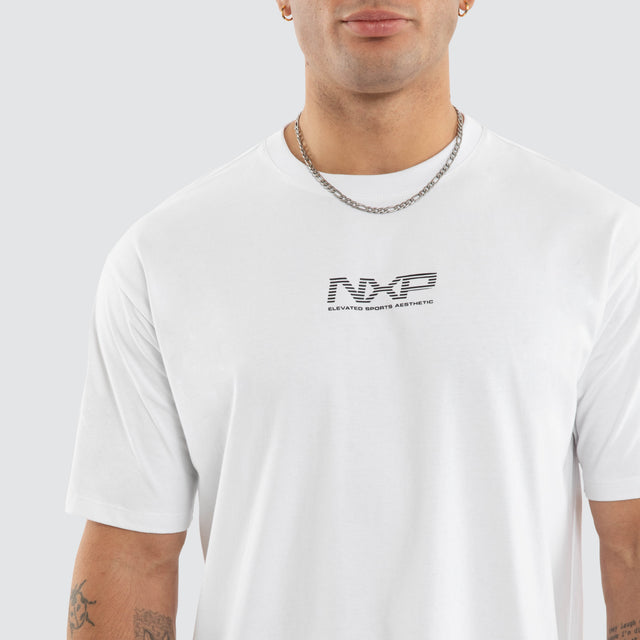 Model wears Nighthold Box Fit Tee Optical White T-Shirts in White - Image 2