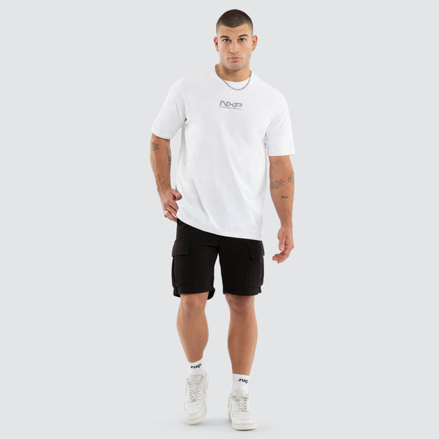 Model wears Nighthold Box Fit Tee Optical White T-Shirts in White - Image 5
