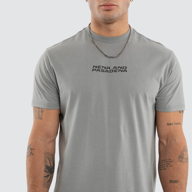 Model wears Dawnrise Curved Tee Grey T-Shirts in Grey - Image 3