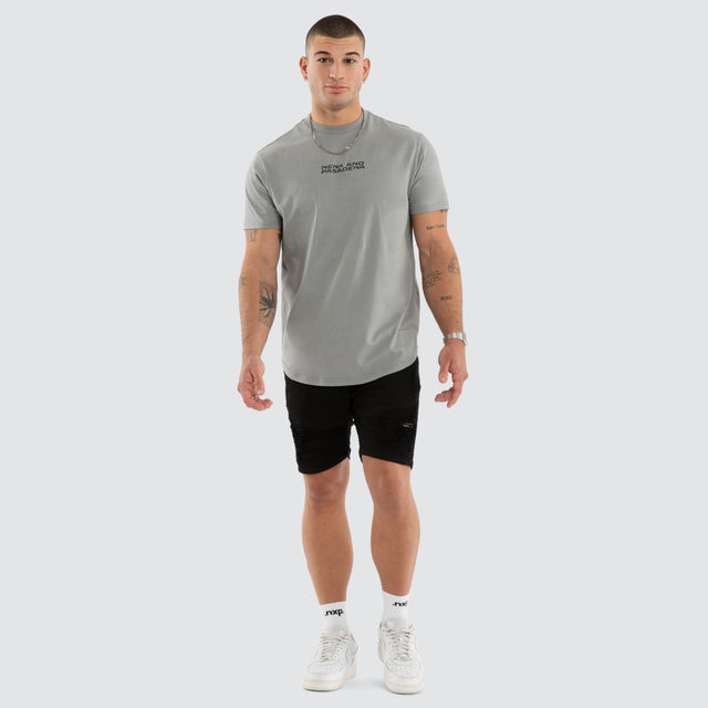 Model wears Dawnrise Curved Tee Grey T-Shirts in Grey - Image 5
