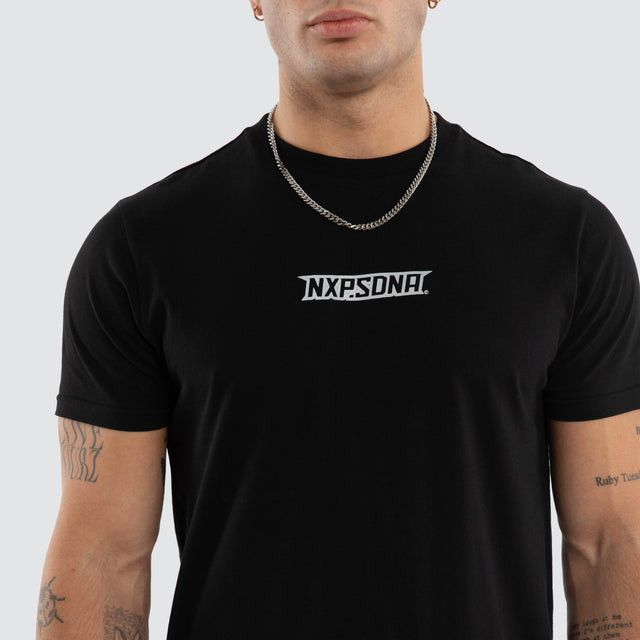 Model wears Aether Curved Hem Tee Black T-Shirts in Black - Image 3