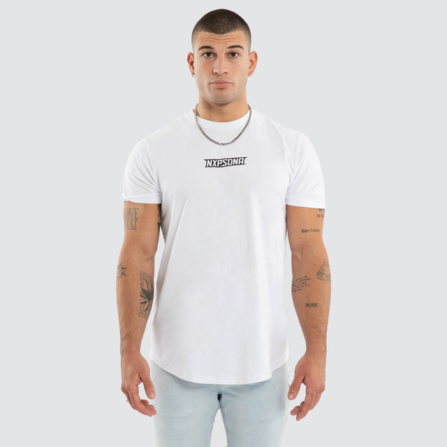 Model wears Aether Curved Hem Tee White T-Shirts in White - Image 2