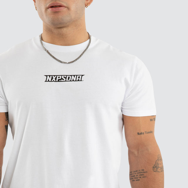 Model wears Aether Curved Hem Tee White T-Shirts in White - Image 3