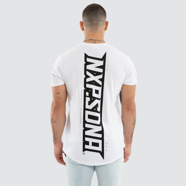 Model wears Aether Curved Hem Tee White T-Shirts in White - Image 1