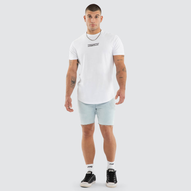 Model wears Aether Curved Hem Tee White T-Shirts in White - Image 5