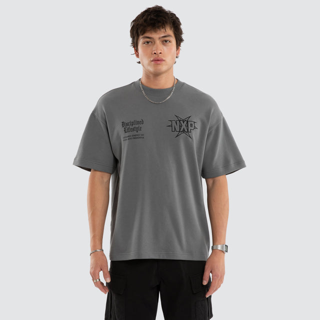 Model wears Octavian Box Fit Cotton Loopback Tee Grey T-Shirts in Grey - Image 2