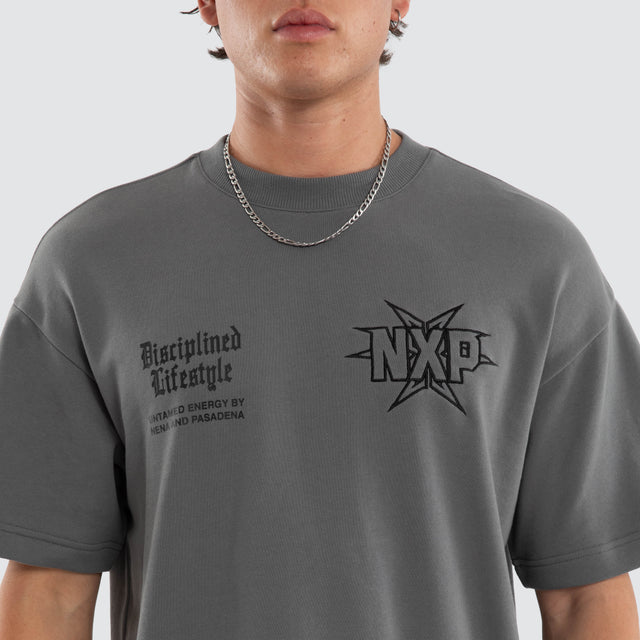 Model wears Octavian Box Fit Cotton Loopback Tee Grey T-Shirts in Grey - Image 3