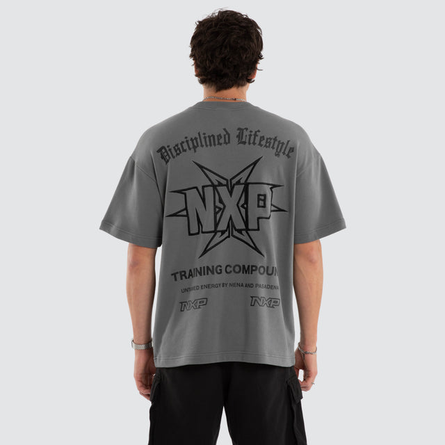 Model wears Octavian Box Fit Cotton Loopback Tee Grey T-Shirts in Grey - Image 1