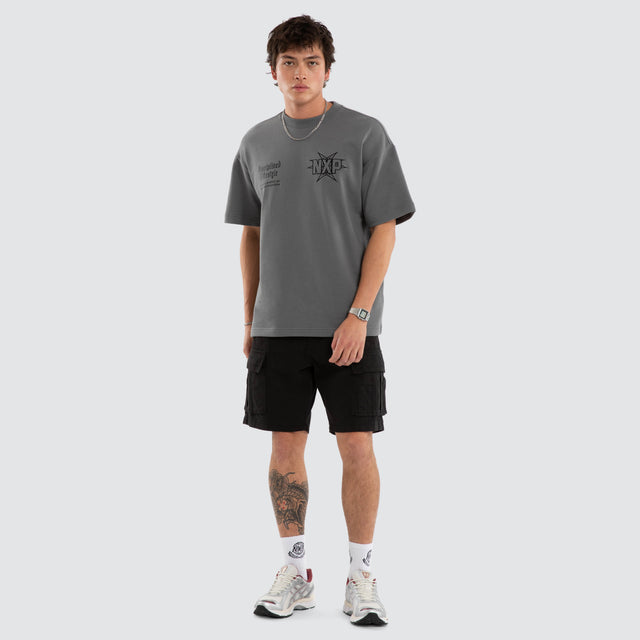 Model wears Octavian Box Fit Cotton Loopback Tee Grey T-Shirts in Grey - Image 4