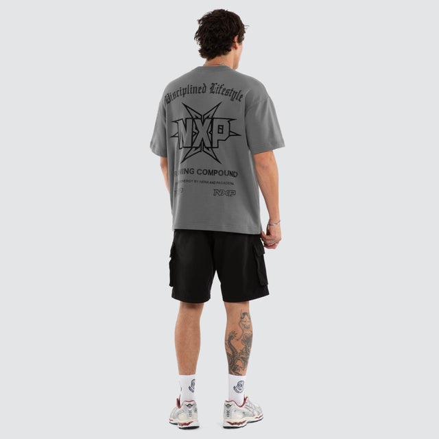 Model wears Octavian Box Fit Cotton Loopback Tee Grey T-Shirts in Grey - Image 5