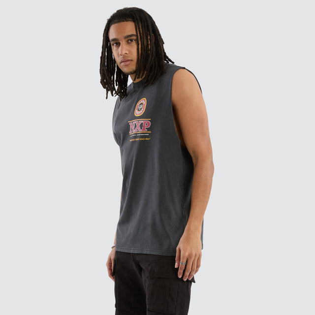 Model wears Carlton Draught Comical Relaxed Muscle Pigment Black Muscle Tees in Black - Image 3
