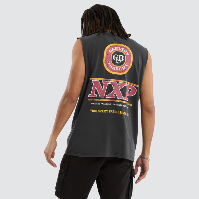 Model wears Carlton Draught Comical Relaxed Muscle Pigment Black Muscle Tees in Black - Image 2