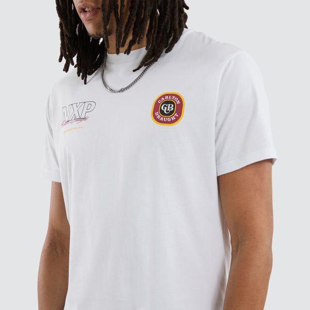 Model wears Carlton Draught General Dual Curved Tee Optical White T-Shirts in White - Image 3
