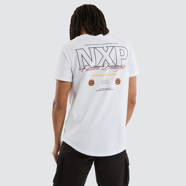 Model wears Carlton Draught General Dual Curved Tee Optical White T-Shirts in White - Image 2