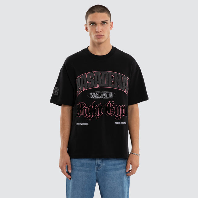 Model wears Gym Loopback Raptor Tee Anthracite Black T-Shirts in Black - Image 1