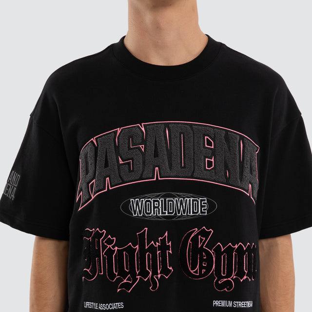 Model wears Gym Loopback Raptor Tee Anthracite Black T-Shirts in Black - Image 4