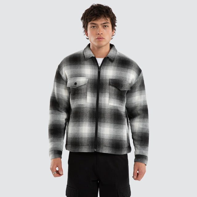 Model wears Borderline Relaxed Overshirt Black and White Check  Long Sleeve Shirts in Black - Image 1