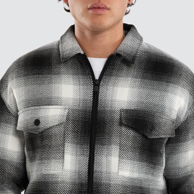Model wears Borderline Relaxed Overshirt Black and White Check  Long Sleeve Shirts in Black - Image 2