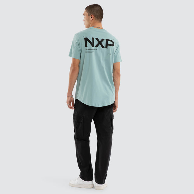 Model wears Crime Curved Hem Tee Cameo T-Shirts in Blue - Image 5