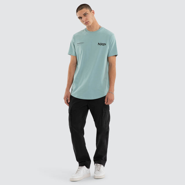 Model wears Crime Curved Hem Tee Cameo T-Shirts in Blue - Image 2