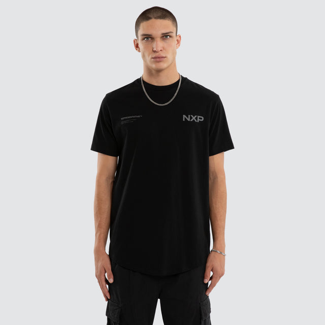 Model wears Crime Curved Hem Tee Jet Black T-Shirts in Black - Image 3