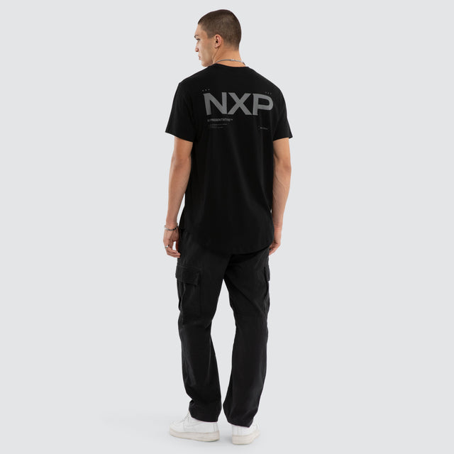 Model wears Crime Curved Hem Tee Jet Black T-Shirts in Black - Image 5