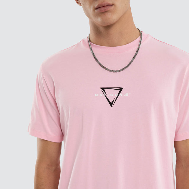 Model wears Inevitable Curved Hem Tee Orchid Pink T-Shirts in Pink - Image 4