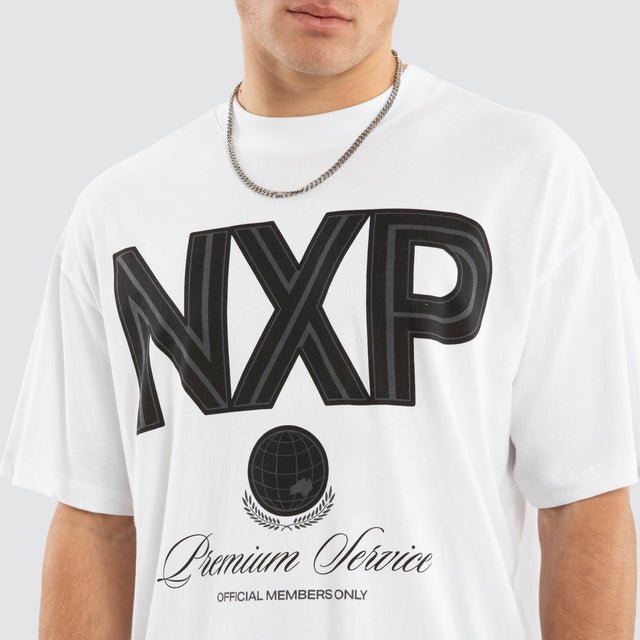 Model wears Bank Raptor Tee Optical White T-Shirts in White - Image 3
