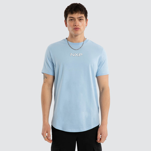 Model wears Buzz Dual Curved Tee Blue Bell T-Shirts White – image 2