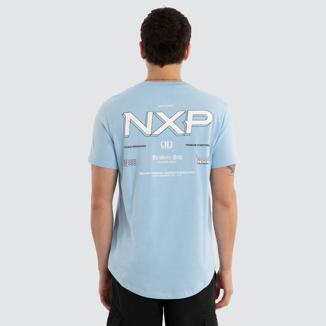Model wears Buzz Dual Curved Tee Blue Bell T-Shirts White – image 1