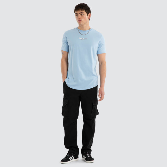 Model wears Buzz Dual Curved Tee Blue Bell T-Shirts White – image 4