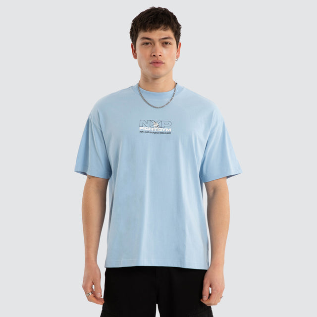 Model wears Script Raptor Tee Blue Bell T-Shirts Blue – image 2