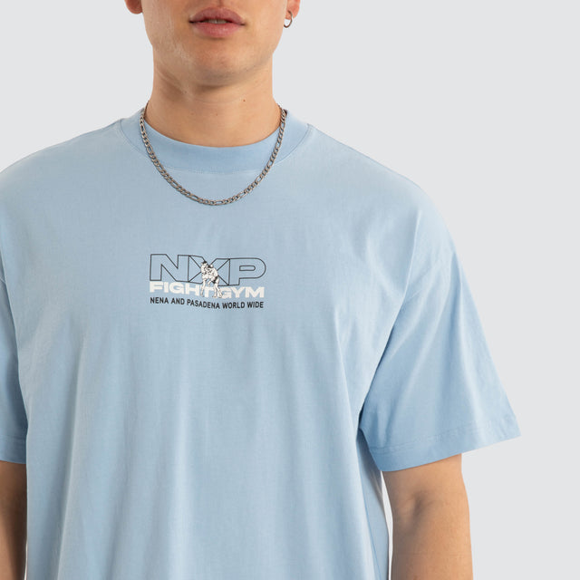 Model wears Script Raptor Tee Blue Bell T-Shirts Blue – image 6