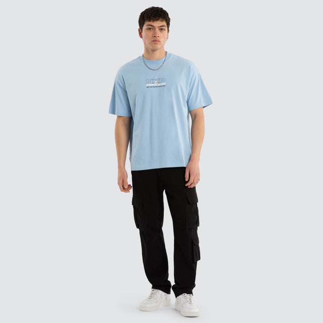 Model wears Script Raptor Tee Blue Bell T-Shirts Blue – image 4