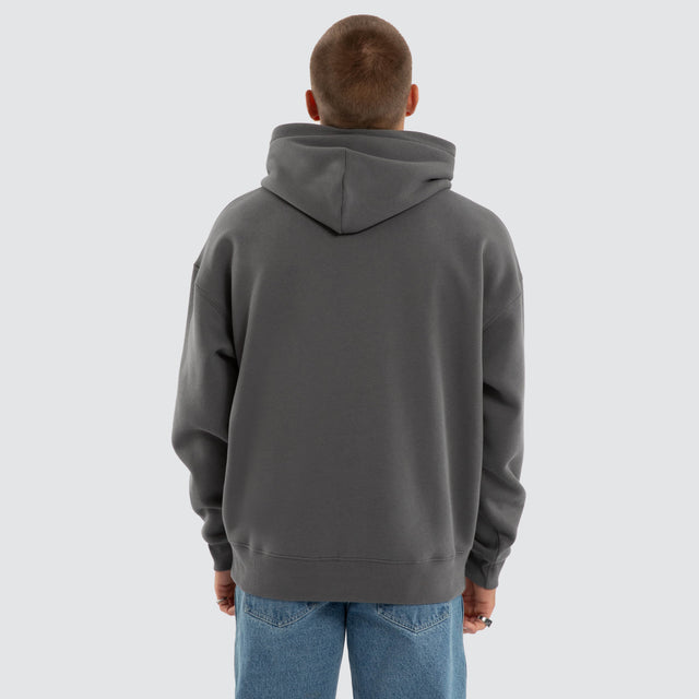 Model wears Foundation Box Fit Hoodie Charcoal Grey Hoodies in Grey - Image 3