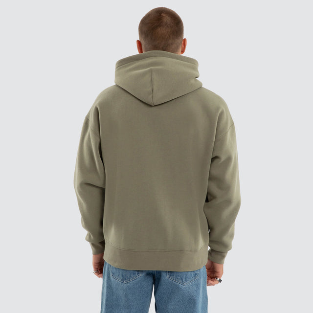 Model wears Foundation Box Fit Hoodie Khaki Green Hoodies in Green - Image 3
