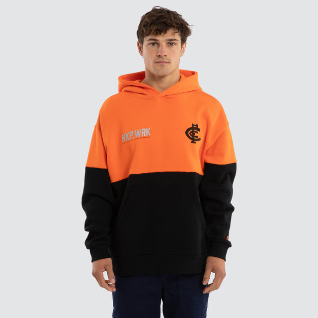 Model wears Carlton Blues Block Hoodie Orange Black Hoodies in Orange - Image 1