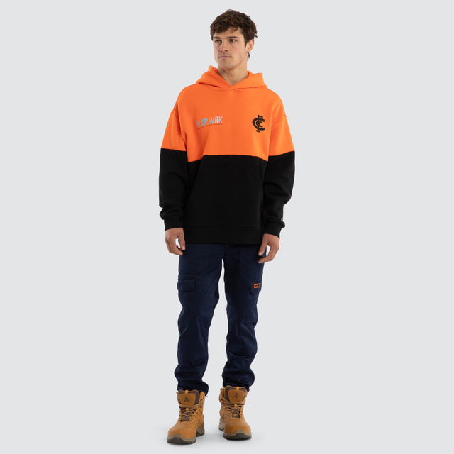 Model wears Carlton Blues Block Hoodie Orange Black Hoodies in Orange - Image 3