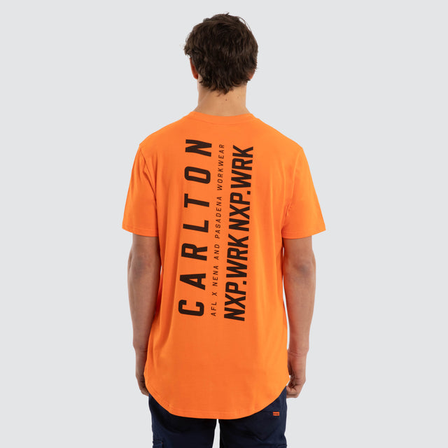 Model wears Carlton Blues Ethic Tee Work Orange T-Shirts in Orange - Image 2