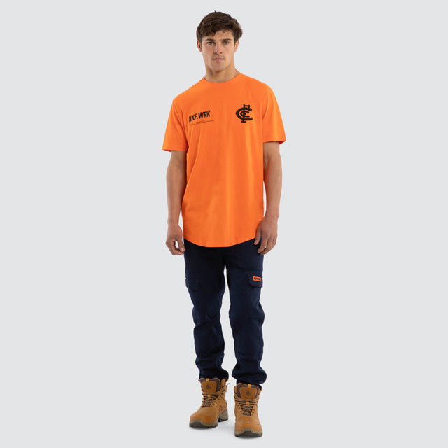 Model wears Carlton Blues Ethic Tee Work Orange T-Shirts in Orange - Image 3